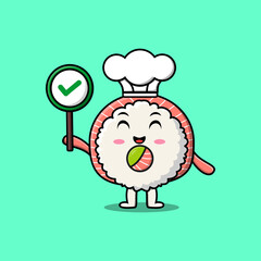 Cute cartoon rice sushi rolls sashimi chef character holding correct sign board vector illustration