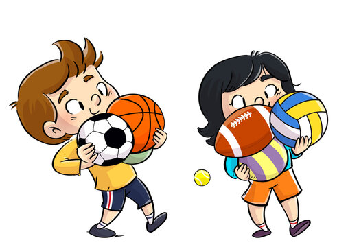 Illustration of children carrying balls from different sports