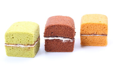 Brownie cheese cake and green tea cake on white background