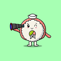 Cute cartoon rice sushi rolls sashimi sailor with hat and using binocular cute modern style design