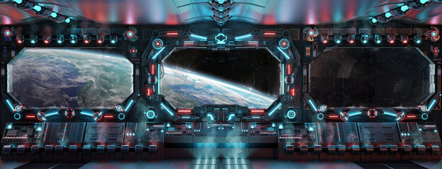 Dark spaceship interior with glowing blue and red lights. Futuristic spacecraft with large window view on planet Earth. 3D rendering © sdecoret