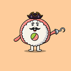 Cute cartoon character Rice sushi rolls sashimi pirate with treasure box in modern style design
