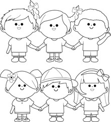 Group of children holding hands. Vector black and white coloring page