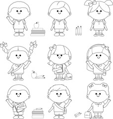 Group of children students at school. Vector black and white coloring page
