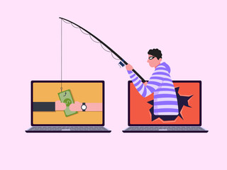 Flat illustration. Hacker identity theft concept. Crime, spam, spyware that unlocks computer security. can access the account code.