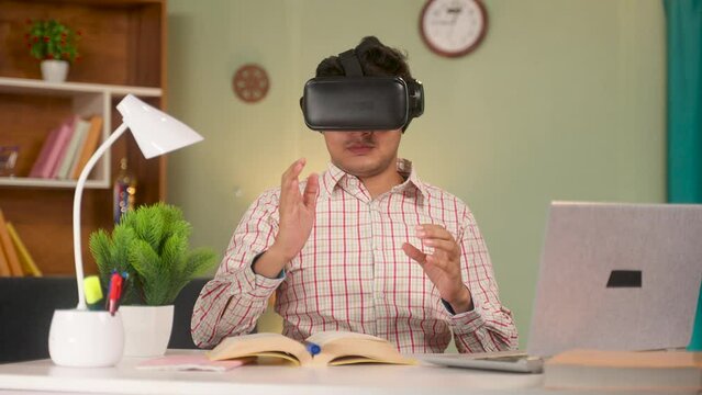 Tutor with VR or virtual reality taking online or virtual class from book at home to students - concept of modern online education, futuristic and cyberspace.