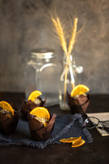 Appetizing beautiful cupcake, beautiful still life with a delicious cake on the table. Sweet delicacy berry pudding in a pastry shop. beautiful food