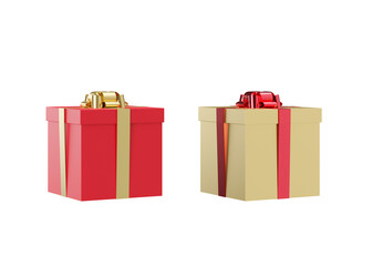 Two presents on transparent background. Red and golden gift boxes with ribbons. Design elements for greeting card, invitation, advertising. Merry Christmas, Birthday gift, celebration. 3D render.