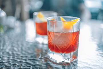 Summer grapefruit cocktail drink with slice of orange on white background, copy space