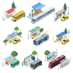 City public transport isometric 3D set. Modern town waiting stations of bus, taxi car, tramway and train. Urban and countryside traffic concepts with transport stops and vehicles vector illustration. © Alfazet Chronicles