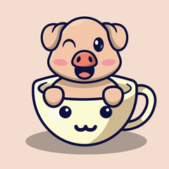 cute pig animal character with cute cup