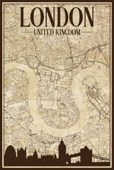 Black printout streets network map with city skyline of the downtown LONDON, UNITED KINGDOM on a vintage paper framed background