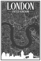 White printout streets network map with city skyline of the downtown LONDON, UNITED KINGDOM on a black framed background