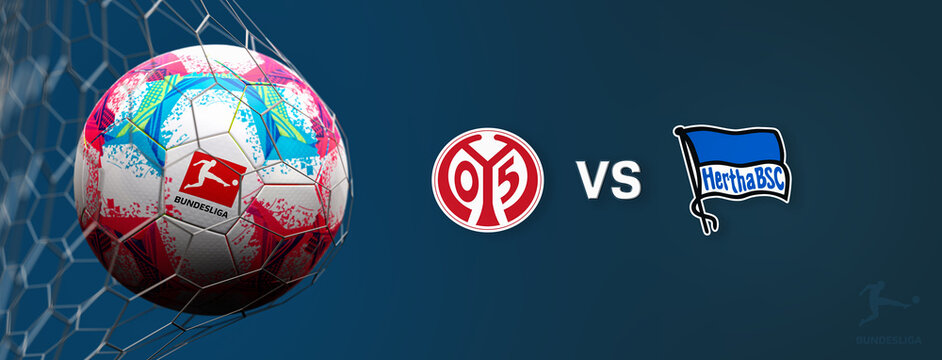 Guilherand-Granges, France - September 09, 2022. Bundesliga of Germany. Soccer ball in net with official logo of the Bundesliga. Match : 1. FSV Mainz 05 VS Hertha Berlin. 3D rendering.