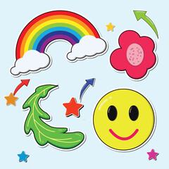Set of colorful stickers for notebook. Rainbow, leaf, flower , smiley , stars and arrow . Design elements for decorating diary and printing.