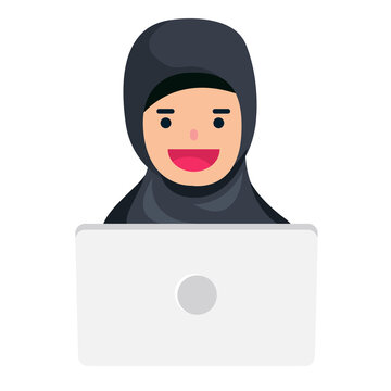 png file. happy Muslim wear islam with computer
