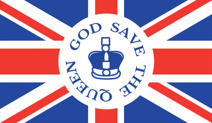 Obraz premium The Queens death. RIP, God save the Queen. Rest in peace poster with silhouette on flag background. Vector illustration for Her Majesty on her 96 years of service 1926 - 2022