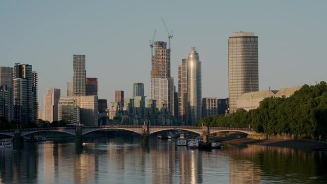 Mid, dawn shot of massive development and skyscrapers at Nine Elms and Battersea in London