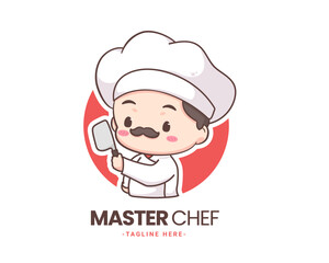 Cute chef logo mascot cartoon character. Chef holding knife. People Food Icon Concept Isolated on white. 
