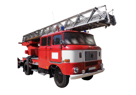Antique fire truck with turntable ladder. IFA W50L. PNG