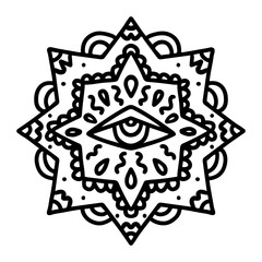 Esoteric mandala line art, outline, coloring page illustration. Vector Spiritual star or flower with the all-seeing eye.