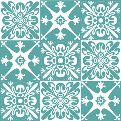 Talavera azulejo pattern for design, ceramic tiles in traditional spanish style, illustration blue mint color