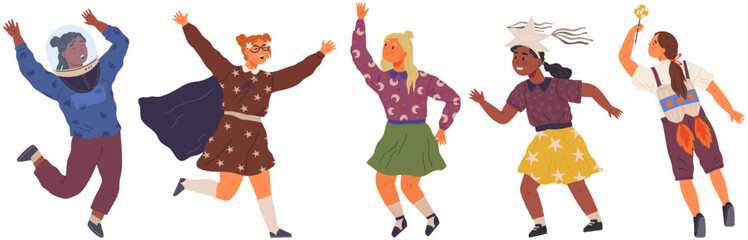 Set of happy childrens in different costumes for space party. Characters dressed as astronauts, explorers. Outfit for holiday in cosmic style. Girl in creative self made suits for costume party