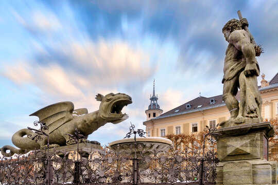 Klagenfurt, Lindwurmbrunnen. The Lindworm fountain is one of the most recognisable landmarks of the Klagenfurt city centre