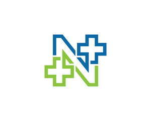 Letter N Cross Plus Logo Concept sign icon symbol Design. Medical, Health Care Logotype. Vector illustration template