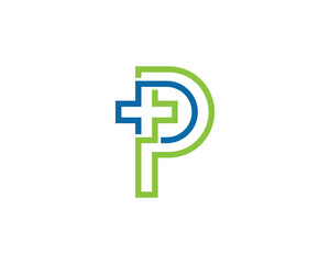 Letter P Cross Plus Logo Concept sign icon symbol Design. Medical, Health Care Logotype. Vector illustration template