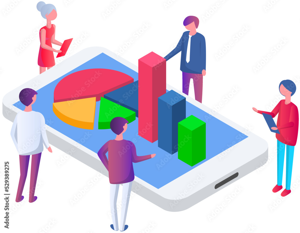Poster visualize with business analytics. people work with statistical data analysis, changing indicators. 