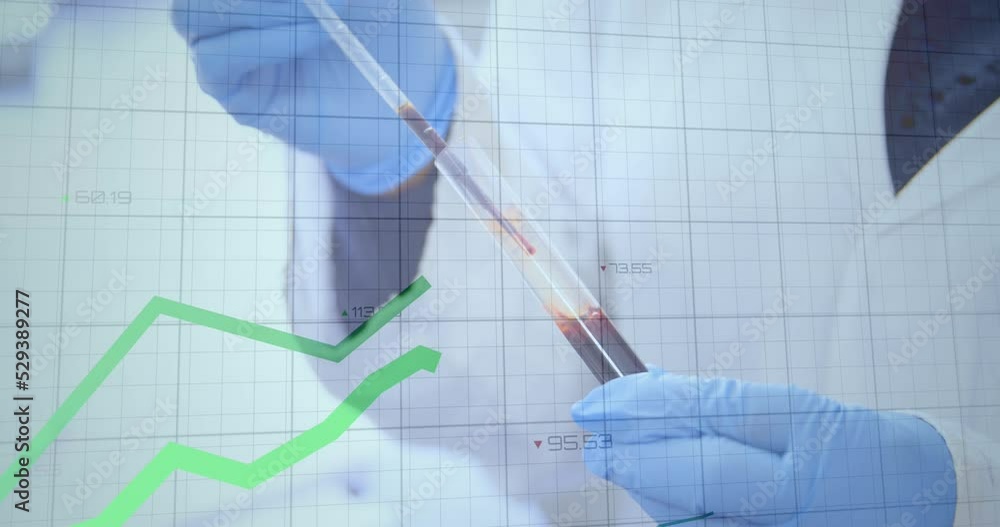 Poster animation of floating diagrams and data processing over doctor checking samples