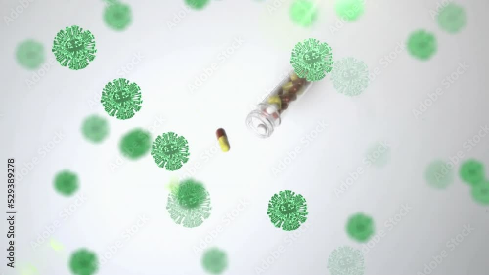 Poster animation of floating macro covid-19 cells over falling box of pills