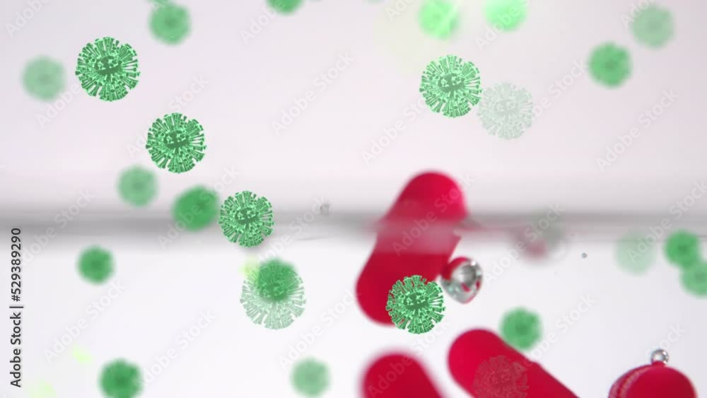 Poster animation of floating macro covid-19 cells over falling pills into water
