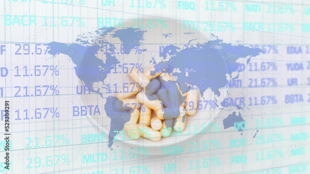 Poster animation of data processing and world map over falling pills into bowl