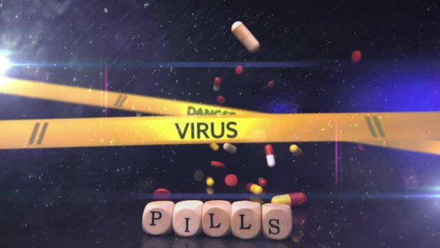Animation of police tapes over scrabble blocks with text Pills and falling pills