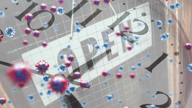 Animation of floating macro Covid-19 cells and moving clock over sign Open