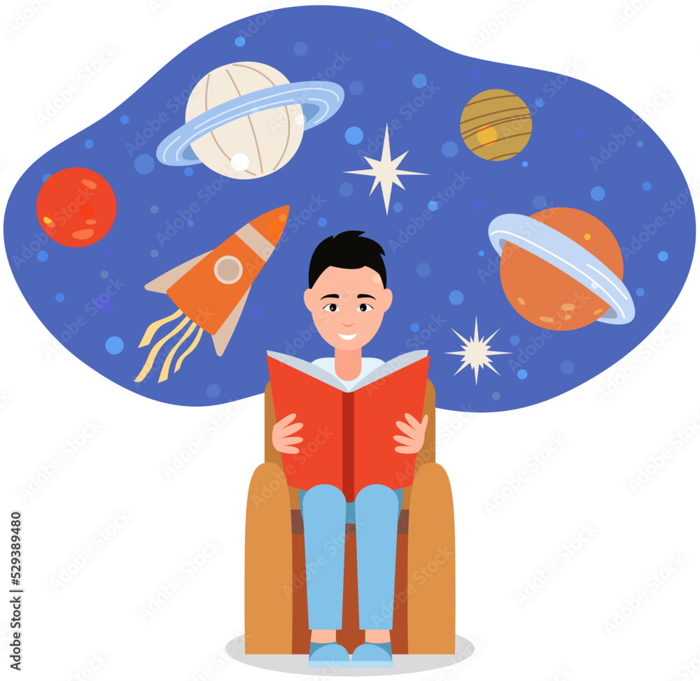 Poster man reading book and dreaming about space. young male character holding open textbook with cosmic ob