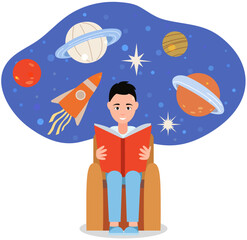 Man reading book and dreaming about space. Young male character holding open textbook with cosmic objects and rockets on background. Guy with science fiction literature. Boy reads book about space