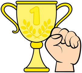 Winner trophy cup, diploma or patent. First place prize, competition champion award. Gold Cup as symbol of victory and success in contest. Winning prize honorary icon in championship isolated on white