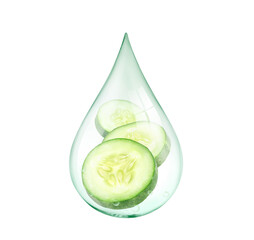 Drop of Cucumber essential oil with  cucumber slices inside isolated on white background. Clipping...