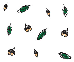 grunge doodle pattern of acorns and oak leaves