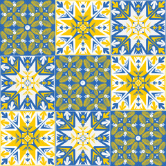 Spanish ceramic tiles azulejo talavera, pattern blue yellow for walls and floors, vector illustration