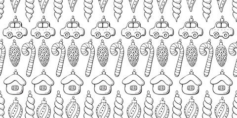 Vector seamless pattern with rows of outline toys, balls, decorations for xmas tree, in doodle style. Christmas and New Year backgrounds and textures