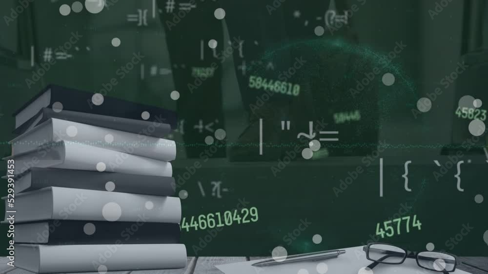 Poster animation of changing numbers and symbols over stack of books and low section of people on escalator