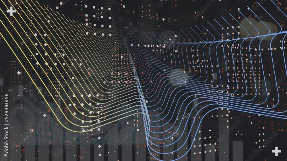 Poster animation of digital wave over statistical data processing against caucasian man using laptop