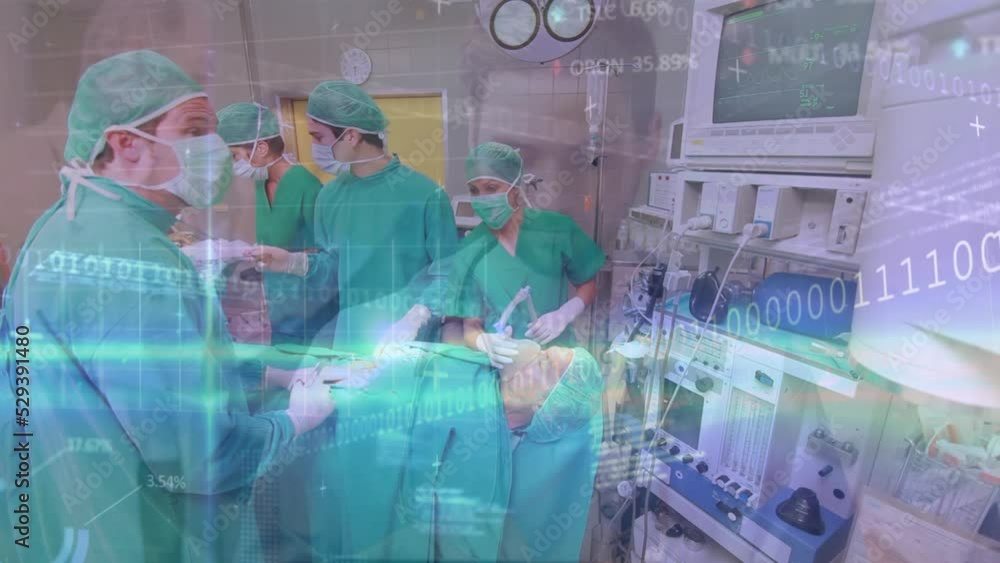 Poster animation of data processing over team of surgeons performing operation at hospital