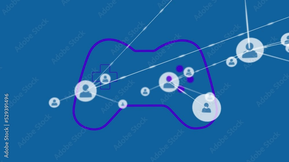 Poster animation of network of profile icons over video game controller icon against blue background