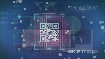 Animation of neon qr code scanner over house model and statistical data processing - Powered by Adobe