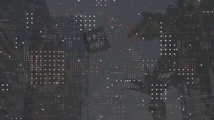 Animation of dots pattern over financial data processing against bouncing dice and tall buildings - Powered by Adobe